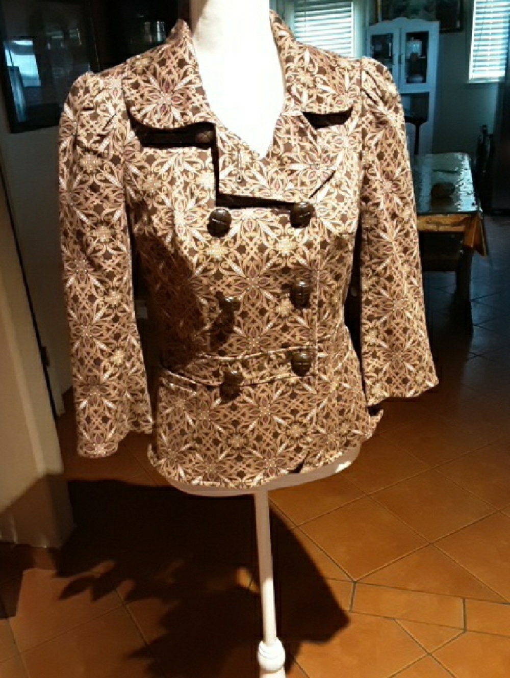 Womens Brown Patterned Double-Breasted Jacket